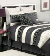 Embracing a contemporary look with a delicate floral flair, the Jasmine Leaf comforter set offers a variegated striped pattern embellished with graceful embroidered flowers. The set features a sleek black, gray and white colorway for a mix of modern and classic inspirations.