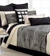 Black and white and chic all over. The Brushstroke sheet set from Echo brings bold modern style to the bedroom in pure, 300 thread count cotton sateen. The fitted sheet features solid black while the flat sheet and pillowcases boast bright white with a black hem.