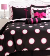 In a bold palette of pink, black and white, Sophie bedding is spot-on stylish. Bright white dots outlined in pink decorate the comforter, while the coordinating sham features a black background accented by bright pink trim and bow detail. Fashion-forward decorative pillows boasting chic, shocking pink accents complete the look with flair.