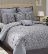 Settle in a maze of silvery style with the Plaza comforter set, featuring a sweeping grey-on-grey flourish design with cord embellishments. The neutral tones and sleek design match any room decor, and coordinating decorative pillows, European shams and bedskirt create a full, polished finish. (Clearance)