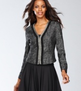 Finish your look with this petite tweed jacket from INC, decked out with a shimmering beaded placket and neckline.