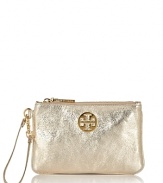 Add a glamorous finish to your look with this gleaming metallic wristlet from Tory Burch.