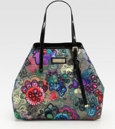 Lustrous coated floral-print canvas with patent leather trim, perfectly sized for all your essentials.Double top handles, 7½ dropTop snap closureOne inside zip pocketCotton lining13½W X 11¾H X 6¼DMade in Italy