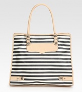 A retro-chic striped carryall made of sturdy canvas, accented with gleaming diamond-shaped hardware and smooth leather trim. Double leather top handles, 7¼ dropMagnetic snap closureOne inside zip pocketThree inside open pocketsCotton lining15W X 13¼H X 5¼DImported