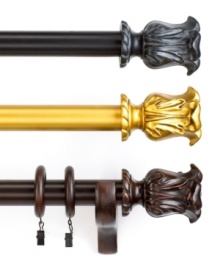 Exquisitely detailed, the Tulip curtain rod set boasts beautifully crafted tulip finials on a solid wood rod for a look of grandeur. Exquisitely detailed, the Tulip curtain rod set boasts beautifully crafted tulip finials on a solid wood rod for a look of grandeur.