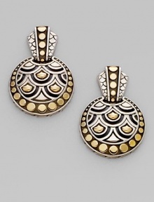 From the Naga Collection. A stunning design, these disc-shaped drop earrings combine dots and arcs, sterling silver and 18k gold, in a collection that feels both tribal and modern.18k yellow gold and sterling silver Drop, about 1 Post back Made in Bali From the Naga Collection. A stunning design, these disc-shaped drop earrings combine dots and arcs, sterling silver and 18k gold, in a collection that feels both tribal and modern.18k yellow gold and sterling silver Drop, about 1 Post back Made in Bali
