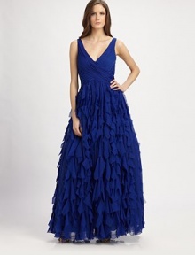 Tiers of airy chiffon appliqués form the skirt of this floor-length style.V necklineSleevelessRuched bodiceTiered chiffon appliqué skirtV backConcealed side zipTaffeta liningAbout 63 from shoulder to hemPolyesterDry cleanImportedModel shown is 5'11 (180cm) wearing US size 4. Tiers of airy chiffon appliqués form the skirt of this floor-length style.V necklineSleevelessRuched bodiceTiered chiffon appliqué skirtV backConcealed side zipTaffeta liningAbout 63 from shoulder to hemPolyesterDry cleanImportedModel shown is 5'11 (180cm) wearing US size 4.