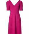 Feminine and flattering, Goats bright magenta wool-crepe dress is a chic choice for work and cocktails alike - V-neckline in front and back with front fold detail, pleated shoulders, cuffed short sleeves, hidden back zip - Fitted bodice and waist, full skirt, A-line silhouette - Wear with a sleek black clutch and matching pointy-toe pumps