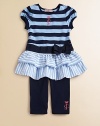 Stripes, ruffles and a sweet bow add flounce and a feminine touch to this must-have set.CrewneckShort cap sleevesPullover styleRuffled, skirted hemElastic waistbandLogo embroidery95% cotton/5% spandexMachine washImportedAdditional InformationKid's Apparel Size Guide 