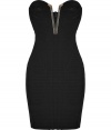 A dramatic evening staple, this hardware accented Herv? L?ger bandage dress makes a bold impact and expertly hugs every curve - Metal trimmed slit neckline, strapless, bandage style, paneled back zip closure - Extra form-fitting - Style with metallic heels and a statement clutch