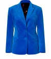 Stylish velvet blazer in fine, electric blue cotton blend - Soft and supremely comfortable, thanks to a touch of stretch - Fitted, feminine silhouette - Two-button closure and flap pockets at hips - Welt pocket at chest - Slim lapels and small collar - Vent at back - Elegant and eye-catching, on-trend in vibrantly-hued velvet - Pair with leather pants, skinny jeans or a pencil skirt and platform pumps