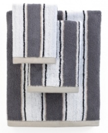 Sweet serenity. Offering a romantic and elegant composition for your bath space, this Aquarelle Stripe bath towel features beautiful stripes in sophisticated hues. Sweet serenity. Offering a romantic and elegant composition for your bath space, this Aquarelle Stripe bath towel features beautiful stripes in sophisticated hues.