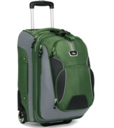 Whatever travel throws your way, always carry on with the 3-in-1 convenience of this rolling backpack with removable daypack. A spacious main compartment with book-style opening reveals clothing hold-down straps and other organizational features. A removable front day pack with zippered accessory pocket, MP3 player headphone port and back strap increases your mobility when you're on the go. Lifetime limited warranty.