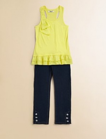 A sweet double ruffle hem and shoulder bow adorn this electrifying knit.ScoopneckSleeveless racerbackPullover styleRuffled hem60% cotton/40% rayonMachine washImported
