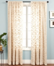 A scrolling, textured design brings a captivating update to your view with the Belinda window panel from Softline. Let a pair of these panels stand alone in summer months or layer with solids for a sumptuous effect in the winter. A scrolling, textured design brings a captivating update to your view with the Belinda window panel from Softline. Let a pair of these panels stand alone in summer months or layer with solids for a sumptuous effect in the winter.