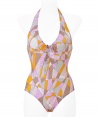 Channel classic retro-chic style in this sexy halter swimsuit featuring the classic Pucci print - V-neck with front tie with adjustable ruche detail, back halter tie closure, full coverage full-piece, all-over geometric print - Style with a sheer caftan, a floppy sun hat, and oversized shades