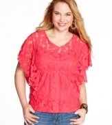 Win the style race this spring with Belle Du Jour's butterfly sleeve plus size top, crafted from on-trend lace.