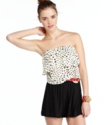 Wear your heart on your romper with this strapless style from American Rag! An attached skinny belt adds a shot of fiery color!