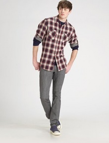 A contemporary update on an old favorite, now with a slender silhouette in grey-washed denim. Five-pocket style Zip fly Inseam, about 33½ 98% cotton/2% elastane; dry clean Made in USA 