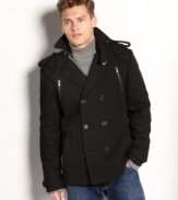 A pea coat that salutes military detail: X-Ray double-breasted jacket with oversized epaulets, shoulder flaps, and zip-up pockets.