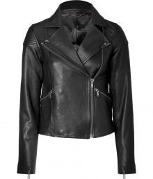 The classic leather biker jacket goes ultra-luxe with this edgy-cool iteration from Marc by Marc Jacobs - Asymmetric zip closure, long sleeves with zip cuffs, stitch details at shoulders, zip pockets, back stitching details - Fitted - Wear with slim jeans, cropped trousers, or a fitted cocktail sheath and high heel booties