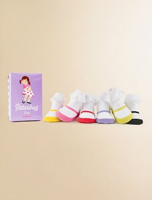 Six pairs of brightly-colored Mary Jane socks with a ruffled lace cuff, packaged in a cute box. 80% cotton/17% acrylic/3% spandex Machine wash Imported Six pairs of brightly-colored Mary Jane socks with a ruffled lace cuff, packaged in a cute box. 80% cotton/17% acrylic/3% spandex Machine wash Imported