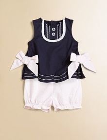You'll love the impeccable tailoring in plush cotton with the most precious, sailor-inspired finishing touches. Top Crewneck with button detailSleevelessBack button closureBows on waistEmbroidered hem Shorts Elastic waistbandElastic leg openings with rufflesCottonMachine washImported Please note: Number of buttons may vary depending on size ordered. You'll love the impeccable tailoring in plush cotton with the most precious, sailor-inspired finishing touches. Top Crewneck with button detailSleevelessBack button closureBows on waistEmbroidered hem Shorts Elastic waistbandElastic leg openings with rufflesCottonMachine washImported Please note: Number of buttons may vary depending on size ordered.