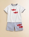 He'll be ready to swim with the sharks in this handsome and sporty knit.Ribbed crewneckShort sleeves with ribbed armbandsPullover styleCottonMachine washImported