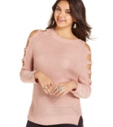 A cool approach to the classic knit layer, Pretty Rebellious' cutout sleeve sweater ushers out favorite skin-baring summer detail seamlessly into fall.