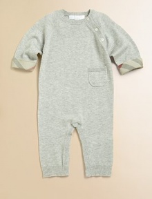 Snuggle your little one into a sweater-soft coverall in a luxurious blend of cashmere and cotton with check trim.Ribbed crew necklineLong raglan sleeves with buttons at one seamChecked turn-back cuffsOne patch pocketSnap legs with ribbed cuffs50% cashmere/50% cottonDry cleanImported Please note: Number of buttons and snaps may vary depending on size ordered. Snuggle your little one into a sweater-soft coverall in a luxurious blend of cashmere and cotton with check trim.Ribbed crew necklineLong raglan sleeves with buttons at one seamChecked turn-back cuffsOne patch pocketSnap legs with ribbed cuffs50% cashmere/50% cottonDry cleanImported Please note: Number of buttons and snaps may vary depending on size ordered.