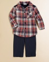A smart set for ultra-hip little ones, with a rugged plaid top and comfy matching pants. Shirt Point collarButton frontLong sleeves with button cuffsDecorative chest patchContrast back panelCurved hem Pants Pull-on styleCottonMachine washImported Please note: Number of buttons may vary depending on size ordered. 
