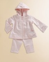 Made from comfortable French terry, this two-piece set charms with a hooded, A-line top and easy pull-ons. Three-button front Floral embroidery on top Elasticized pant Cotton; machine wash Imported