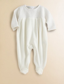 A beautiful knit top meets a velour bottom for an ultra-plush one-piece for baby.CrewneckLong sleevesBack buttonsBottom snapsPima cottonMachine washImported Please note: Number of snaps and buttons may vary depending on size ordered. A beautiful knit top meets a velour bottom for an ultra-plush one-piece for baby.CrewneckLong sleevesBack buttonsBottom snapsPima cottonMachine washImported Please note: Number of snaps and buttons may vary depending on size ordered.