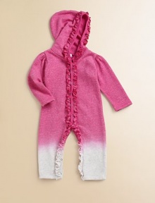 Soft, plush French terry and a cozy hood keep your little girl comfy and warm, detailed with sweet ruffles in an ombré heather knit.Attached hood with ruffled trimLong slightly puffed sleevesRuffled snap placketRuffled snap legs63% cotton/37% polyesterMachine washMade in USA Please note: Number of snaps may vary depending on size ordered. Soft, plush French terry and a cozy hood keep your little girl comfy and warm, detailed with sweet ruffles in an ombré heather knit.Attached hood with ruffled trimLong slightly puffed sleevesRuffled snap placketRuffled snap legs63% cotton/37% polyesterMachine washMade in USA Please note: Number of snaps may vary depending on size ordered.