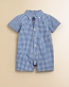 The button-down Kensington shirt inspired an adorably authentic shortall in preppy gingham cotton broadcloth.Button-down pointed collarShort sleevesButton-frontSnapped hem for easy on and offCottonMachine washImported Please note: Number of buttons/snaps may vary depending on size ordered. 