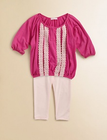 Pretty lace trim, a gathered silhouette and matching leggings make this sweet set a must-have for baby. Tunic ScoopneckThree-quarter sleevesElastic hem Leggings Elastic waistbandTop: rayonLeggings: 95% cotton/5% spandexMachine washImported Pretty lace trim, a gathered silhouette and matching leggings make this sweet set a must-have for baby. Tunic ScoopneckThree-quarter sleevesElastic hem Leggings Elastic waistbandTop: rayonLeggings: 95% cotton/5% spandexMachine washImported