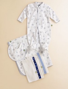 Baby's best friend scampers all over this pima cotton long sleeve sleeper. Snap front and legs Scallop trim Machine wash Imported Baby's best friend scampers all over this pima cotton long sleeve sleeper. Snap front and legs Scallop trim Machine wash Imported