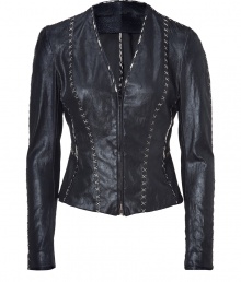 With a tailored fit and decorative stitching, this Donna Karan leather jacket is a worthy investment -V-neck, front zip closure, fitted silhouette, seaming detail with decorative stitching - Wear with an elevated jeans-and-tee ensemble or paired with a pencil skirt and blouse With a tailored fit and decorative stitching, this Donna Karan leather jacket is a worthy investment -V-neck, front zip closure, fitted silhouette, seaming detail with decorative stitching - Wear with an elevated jeans-and-tee ensemble or paired with a pencil skirt and blouse