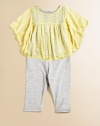 A pretty, ruffled trim adorns a beautiful flutter sleeve knit, fluttering over soft and cozy leggings.CrewneckShort flutter sleevesPullover styleFront yokeElastic waistband55% rayon/45% polyesterHand washMade in USAAdditional InformationKid's Apparel Size Guide 