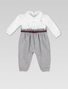 A cozy one-piece crafted in felted stretch cotton with Peter Pan collar, front buttons, teddy bear print and signature stripes on ruffled waist.Peter Pan collarLong sleevesFront button placketRuffled waist with bowBottom snaps93% cotton/7% elastaneDry cleanMade in Italy Please note: Number of buttons and snaps may vary depending on size ordered. A cozy one-piece crafted in felted stretch cotton with Peter Pan collar, front buttons, teddy bear print and signature stripes on ruffled waist.Peter Pan collarLong sleevesFront button placketRuffled waist with bowBottom snaps93% cotton/7% elastaneDry cleanMade in Italy Please note: Number of buttons and snaps may vary depending on size ordered.