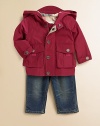 A casual, lightweight topper with hood and chin belt sure to keep baby warm and dry.Hidden front zipper with snap placket Front patch pockets Snap-button tabs at sleeve hem Comes with zippered pouch Fully lined Polyester Machine wash Imported