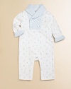 Gently crafted from super-soft Pima cotton as part of this luxe collection, a whimsical shawl coverall is accented with an all-over anchor and sailboat print for a nautical-inspired look.Shawl collarLong sleeves with turn-back cuffsDouble-breasted placket with anchor-embossed buttonsBottom snaps for easy on and offPima cottonMachine washImported Please note: Number of snaps may vary depending on size ordered. 