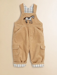 Every little guy needs overalls, and these are especially refined in plush cotton corduroy with a plaid twill lining and a frisky appliquéd horsie on the bib.Button strapsAppliquéd horse on bibMock flyAngled front pocket flapsButton sidesButton flap cargo pocketsBack patch pocketsInseam snaps of back cuffCottonMachine washImported