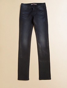 Whiskered and faded in all the right places, in a slim fit with a deep, dark wash.Waistband with button close and belt loopsZip flyFront scoop pocketsBack patch pocketsSlim leg77% cotton/21% polyester/2% spandexMachine washMade in USA