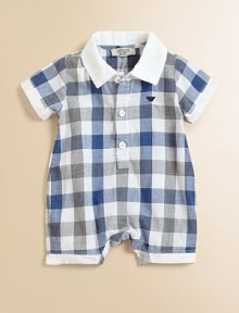 A handsome, yarn-dyed plaid in muted shades on light woven cotton makes a perfect playsuit.Contrast point collarShort sleeves with contrast trimEmbroidered logo on chestButton placketSnap legs with contrast trimCottonMachine washImported Please note: Number of buttons may vary depending on size ordered. A handsome, yarn-dyed plaid in muted shades on light woven cotton makes a perfect playsuit.Contrast point collarShort sleeves with contrast trimEmbroidered logo on chestButton placketSnap legs with contrast trimCottonMachine washImported Please note: Number of buttons may vary depending on size ordered.