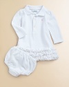 A sweeping froth of ruffles playfully embellish a pretty polo dress in breathable cotton mesh.Ribbed polo collarLong puffed sleeves with scalloped trim at the cuffsButton downEmbroidered pony logoRuffled hemMatching bloomer with elastic waist and leg openingsCottonMachine washImported Please note: Number of buttons/snaps may vary depending on size ordered. 