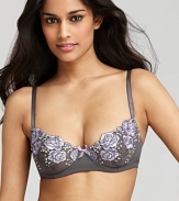 Floral embroidered applique lends luxe style to this lady-like underwire demi bra from Blush. Style #0224907