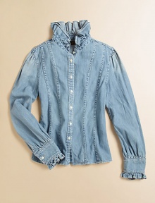 An easy, casual shirt of classic cotton denim is adorned with girlie ruffles and shaping seams for a tailored look.Ruffled stand collarLong sleeves with ruffle-trimmed barrel cuffsButton-frontFront and back princess seamingCottonMachine washImported Please note: Number of snaps may vary depending on size ordered. An easy, casual shirt of classic cotton denim is adorned with girlie ruffles and shaping seams for a tailored look.Ruffled stand collarLong sleeves with ruffle-trimmed barrel cuffsButton-frontFront and back princess seamingCottonMachine washImported Please note: Number of snaps may vary depending on size ordered.