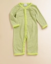 Baby will be striped to perfection in a colorful one-piece with convenient snaps for easy on and off.V-neckLong sleevesFront and bottom snaps50% cotton/50% modalMachine washMade in USA Please note: Number of snaps may vary depending on size ordered. 