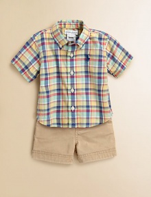 With a plaid short-sleeved woven cotton shirt and a drawstring twill chino short, this warm-weather set embodies classic prep style. Shirt Button-down collarShort sleevesButton-frontShirttail hem Shorts Faux drawstring closureElastic waistSewn flySide inseam pocketsBack patch pocketsCottonMachine washImported Please note: number of buttons may vary depending on size ordered. With a plaid short-sleeved woven cotton shirt and a drawstring twill chino short, this warm-weather set embodies classic prep style. Shirt Button-down collarShort sleevesButton-frontShirttail hem Shorts Faux drawstring closureElastic waistSewn flySide inseam pocketsBack patch pocketsCottonMachine washImported Please note: number of buttons may vary depending on size ordered.